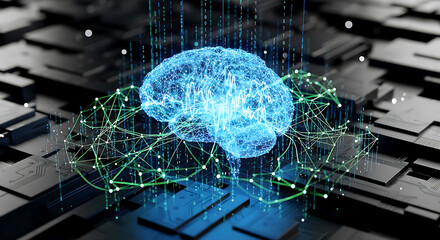 Obraz premium Glowing Digital Brain Visualization Floating Above Futuristic Circuit Board Network