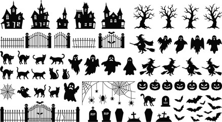 halloween icons including houses trees cats ghosts witches pumpkins fences tombstones bats spiders