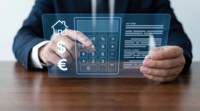 Real Estate Finance and Property Tax Planning Concept: Hands Using Holographic Calculator with House Icon, Tax Forms, and Glowing Currency Symbols