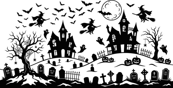 halloween scene with haunted houses and witches flying on broomsticks at night