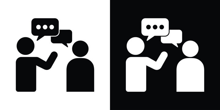 Business interaction icon featuring two individuals talking with speech bubbles. Perfect for communication, customer service, consulting, and collaboration themes.