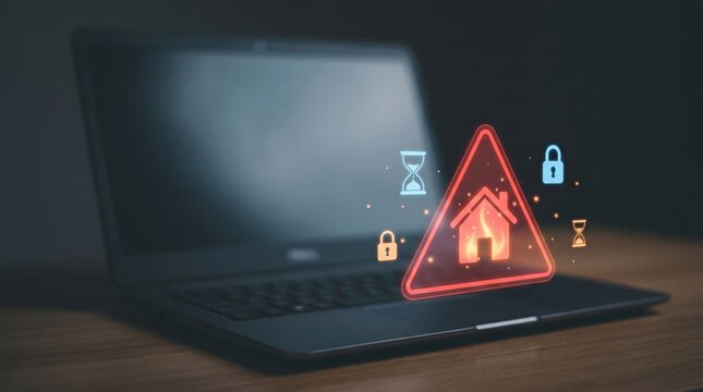 Digital Debt and Foreclosure Crisis Concept: Holographic Flickering House Icon with Red Warning Triangle and Padlock on Laptop Screen