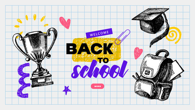 Back to school sketch collage banner. Education poster template with hand drawn accessories. Frame design. Vector vintage illustration