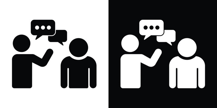 Business interaction icon featuring two individuals talking with speech bubbles. Perfect for communication, customer service, consulting, and collaboration themes.