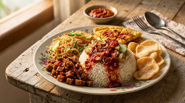 Traditional Indonesian Nasi Uduk with Omelette, Orek Tempe, Bihun Noodles, Sambal and Kerupuk on Wooden Table