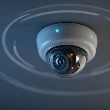 Wireless Smart Dome Security Camera Mounted on Ceiling with Signal Waves. AI generated image