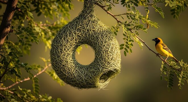 Yellow weaver bird perched near an intricate woven nest in a tree