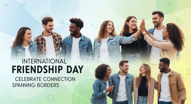International Friendship Day Celebration Poster with Smiling Diverse People and Abstract Colorful Background Illustration