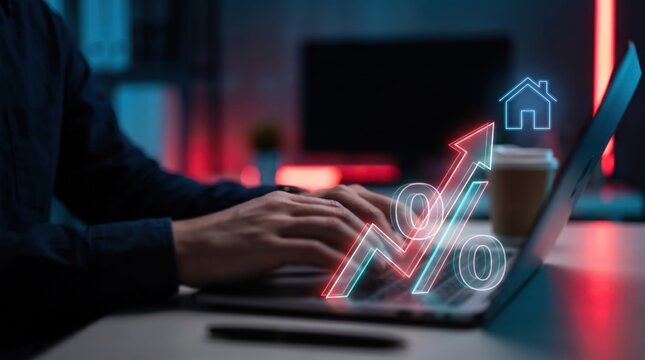 Rising Interest Rates and Housing Market Crisis Concept: Hands on Laptop with Holographic Upward Arrow Slicing Through Percentage Symbol and Small House Icon