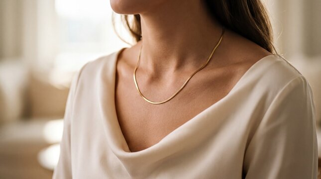luxury fashion detail, elegant collarbone adorned with a delicate gold chain under soft light