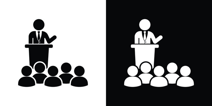 Public speaking icon showing a businessman at a podium addressing an audience. Ideal for political speech, press conference, conference, and lecture designs.