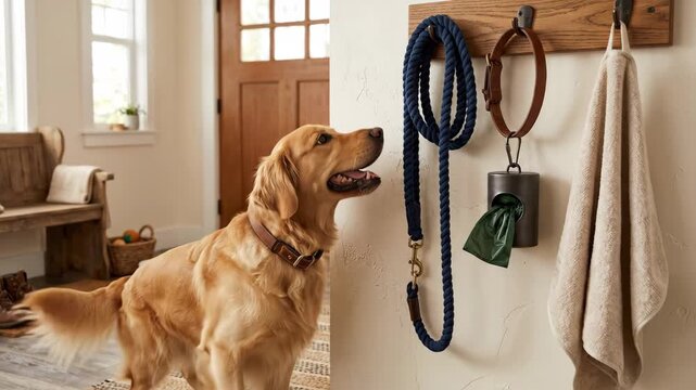 Tracking shot of golden retriever rising from sit to approach entryway in cozy home mudroom interior