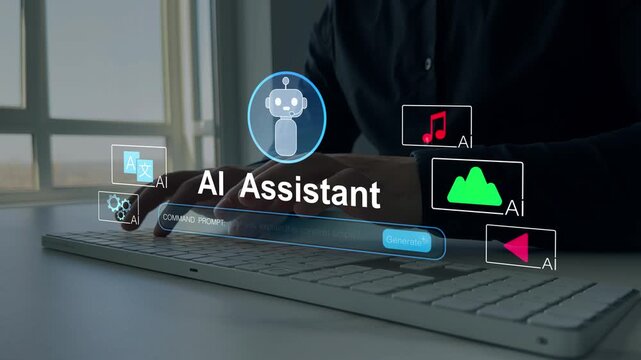 AI agent and artificial intelligence assistant with chatbot communication,smart content generation, prompt engineering,digital marketing tools,futuristic business automation technology.	
