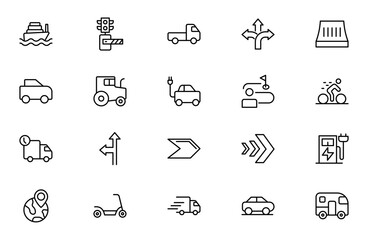 Fototapeta premium Road and Traffic Line Icon Set for Transportation, Highway Navigation, Street Safety and Urban Mobility Outline Vector Collection
