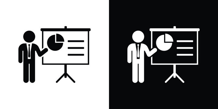 Financial analyst icon featuring a businessman pointing to a pie chart on a presentation screen. Perfect for marketing strategy, corporate report, and data analysis.