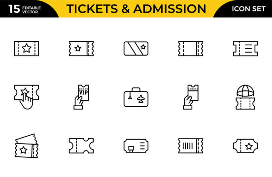 Tickets and Admission Line Icon Set for Event Entry, Booking Pass, Cinema Ticket and Reservation System Outline Vector Collection
