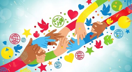 Fototapeta premium Multiracial Diverse Hands Reaching Together with Peace Doves Hearts and Global Unity Icons Vector Illustration