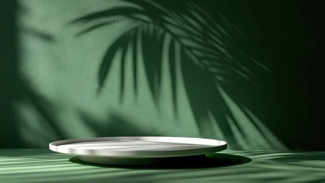 Minimalist white ceramic plate on green surface with palm leaf shadows