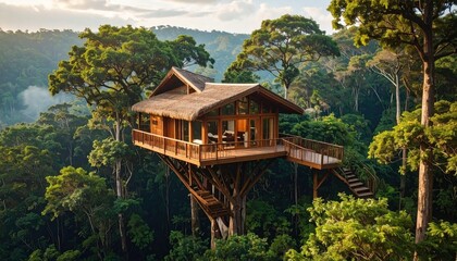 Obraz premium Treehouse in Lush Forest Canopy.