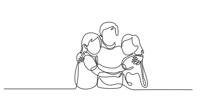Animated self drawing of single continuous line draw group of young men are hugging. Male together. Happy friendship day with diverse friends of people hugging together. Full length one line animation