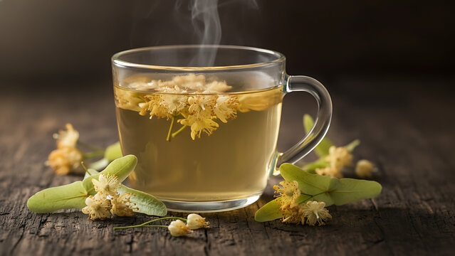 Aromatic herbal infusion brewed with organic linden blossoms in a rustic ceramic cup on a moody dark wooden surface with scattered yellow flowers and fresh green lime tree foliage.