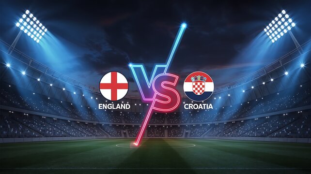 England vs croatia football match neon stadium with football