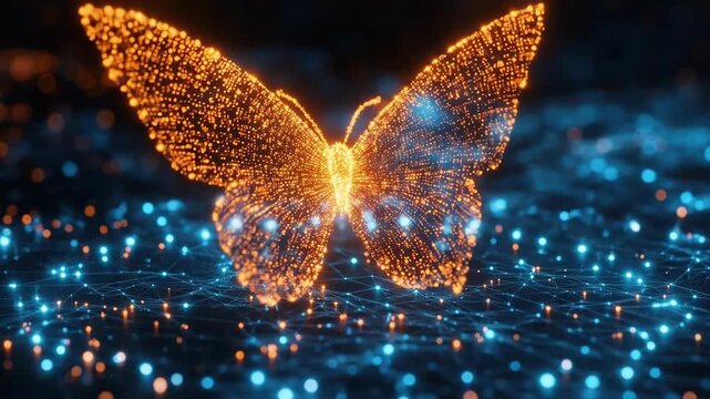 Glowing digital butterfly on network grid with blue and orange lights