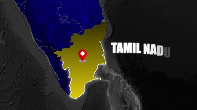 Tamil Nadu State Location Highlight Animation on India Map with Glowing Marker Graphic for Geographic Travel and Regional Presentation Projects