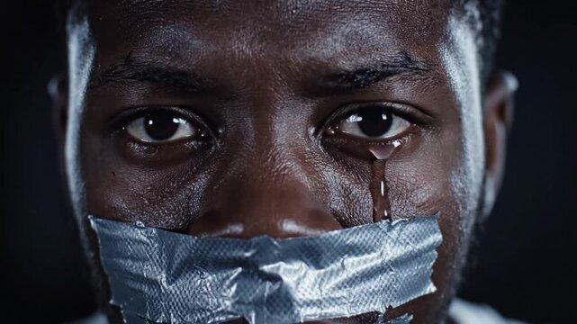 Portrait of a man in black crying and covering his mouth, symbolizing silence. 4K video.