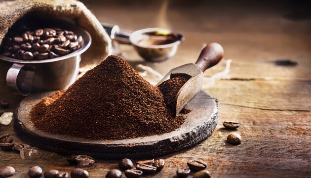 Ground coffee in Kelle, morning still life, golden hour light, AI generated