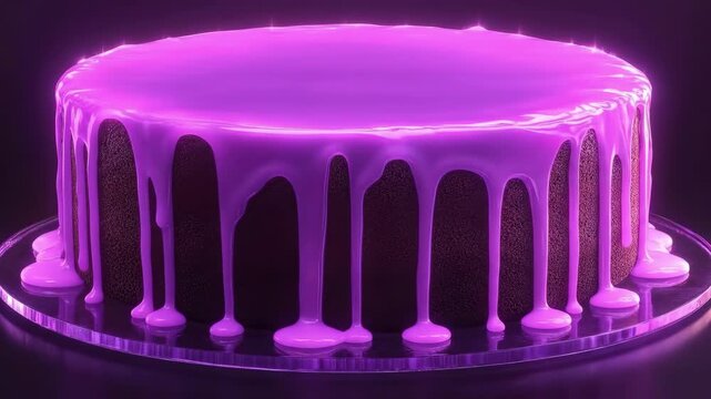 Glowing neon purple cake with dripping icing in dark setting