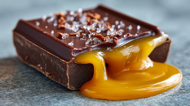 Close-up of chocolate candy drizzled with salted caramel sea salt flake salt coarse salt