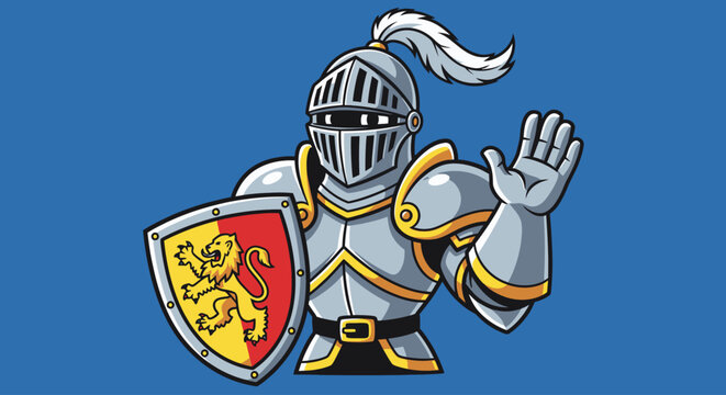 Minimalist Medieval Knight in Armor Waving Shield Typography Vector Design