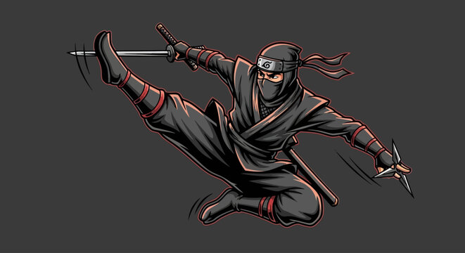 Ninja Warrior in Mid Air Jump Text Banner with Flat Style