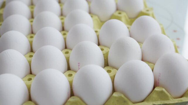 Close-up of fresh organic chicken eggs packed in a cardboard carton