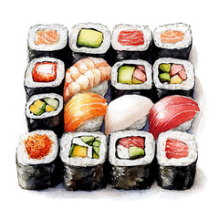 Sushi, clipart vector in watercolor style with flowing brushwork, isolated on a white background. © brixel