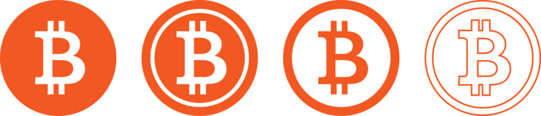 Four orange bitcoin crypto currency symbols variations isolated on transparent background. © meerobeul