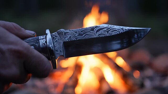 Closeup of Damascus steel knife held near campfire flames outdoors.
