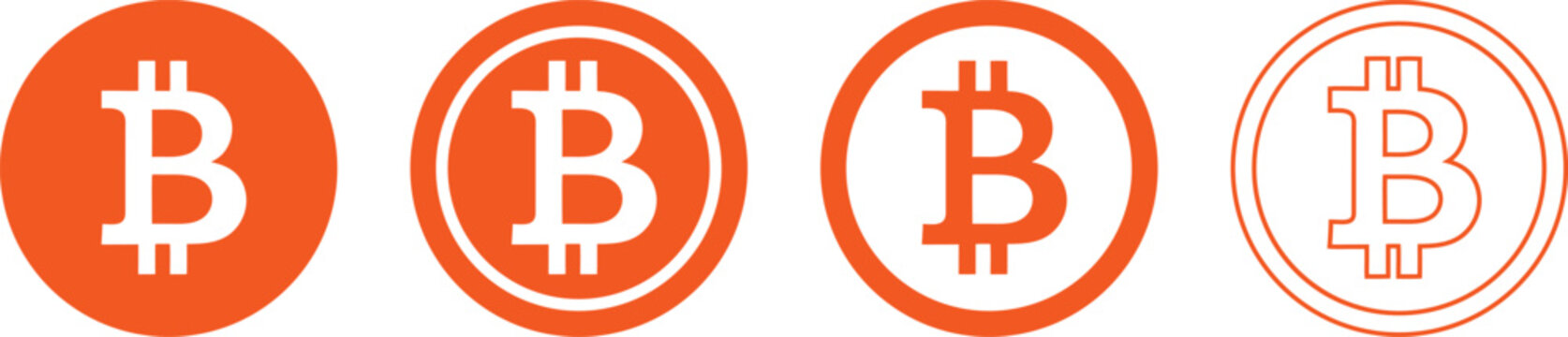 Four orange bitcoin crypto currency symbols variations isolated on transparent background.