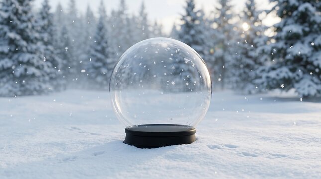 Empty glass snow globe sitting in the snow in a winter forest landscape with falling snowflakes, 3d render illustration