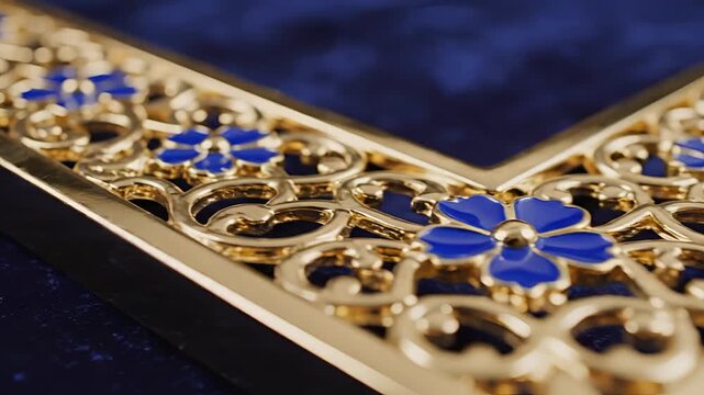 Closeup of ornate golden Masonic regalia with blue enamel floral details.