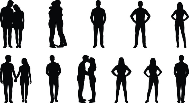 Set of black silhouettes of couples in love and people standing in casual poses isolated on white background