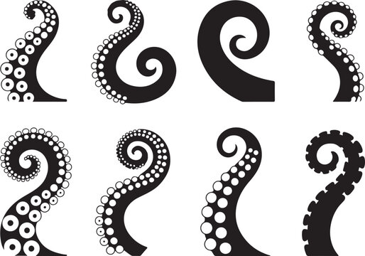 Black silhouette monster kraken tentacles set, cartoon ocean creature hands on transparent background
