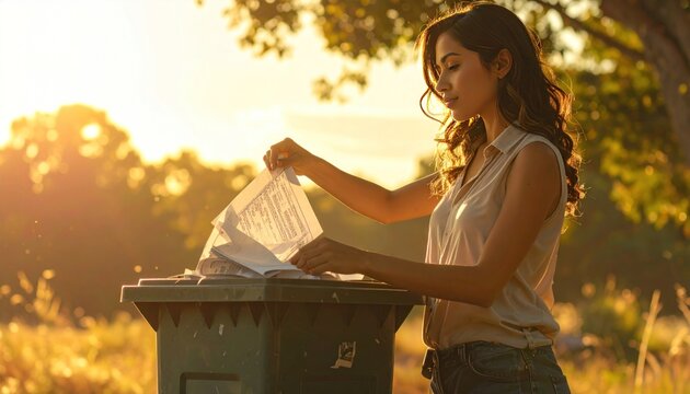Woman Sorting Mail in Outdoor Trash Can.