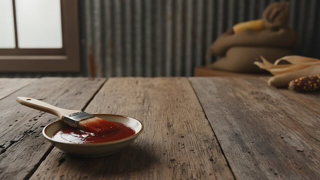 Delicious smoky barbecue sauce in a ceramic saucer with a natural bristle basting brush on a weathered rustic barn wood background with copy space for culinary marketing.