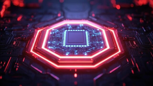 Futuristic glowing red circuit board with central microchip