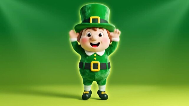 A cheerful little good luck fairy stands on St. Patrick's Day. 4K Video