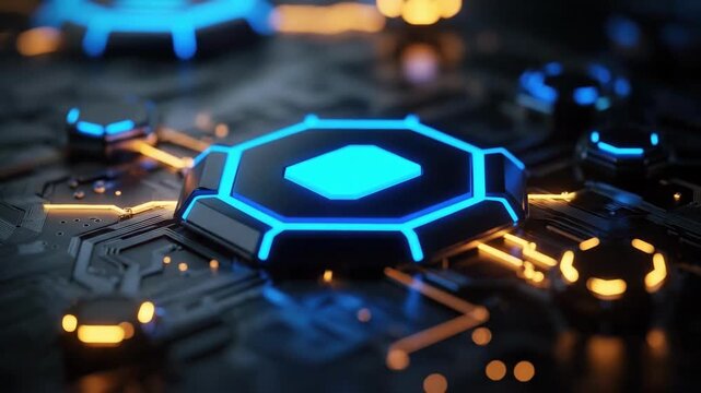Futuristic blue neon circuit board with glowing hexagonal design