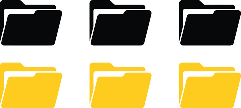 Folder icons, modern black and yellow file symbols for document storage organization and office interface concepts.