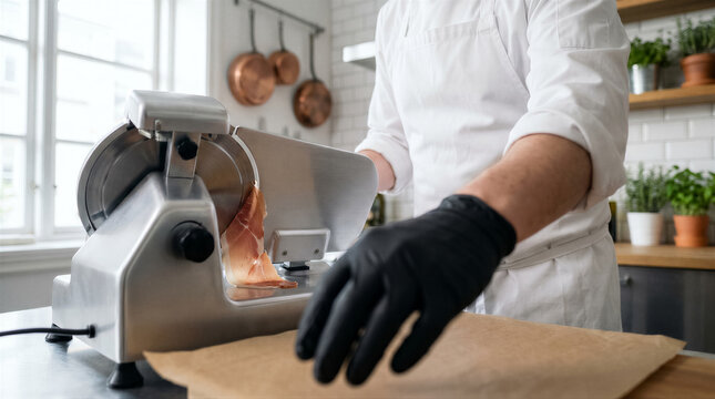 Professional chef slicing prosciutto with a meat slicer in a kitchen